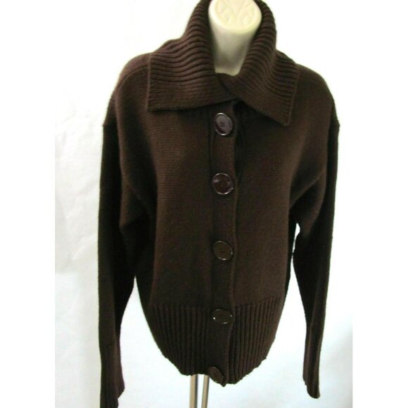 Cowl Neck Sweater Sz Small Brown Big Buttons Down Ribbed Collar by Newport News - Picture 1 of 8